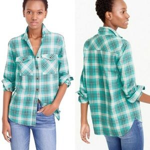 Jcrew cotton shirt teal lime plaid brown buttons